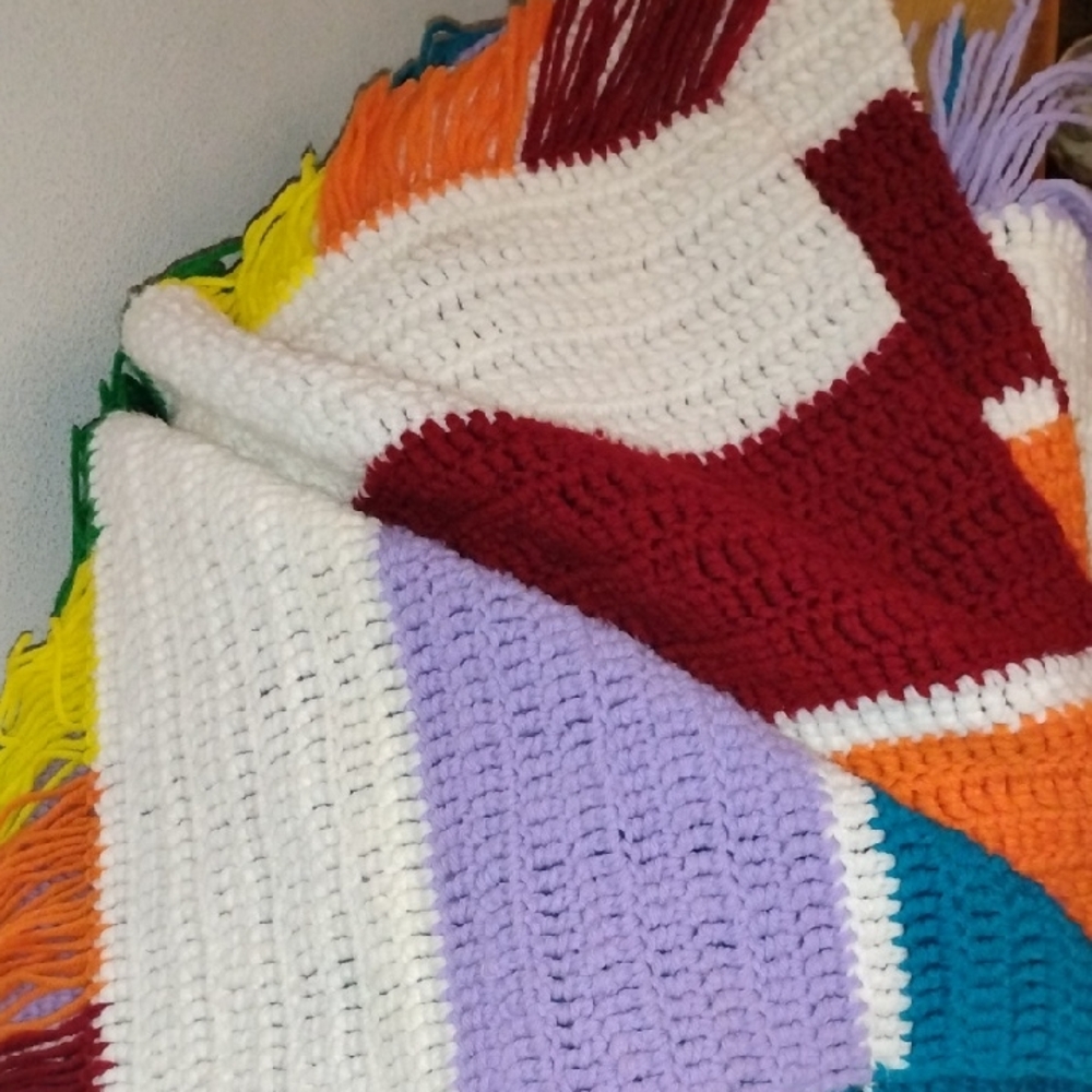 Vintage HUGE Handmade Rainbow Fringe Afghan 130 L X 65 W